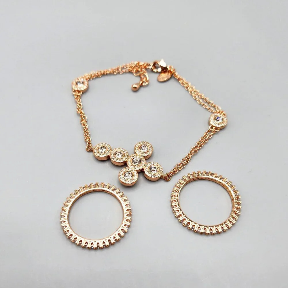 Joan Boyce Pave Crystal Christian Cross Bracelet w/ Rings  Rose Gold Tone